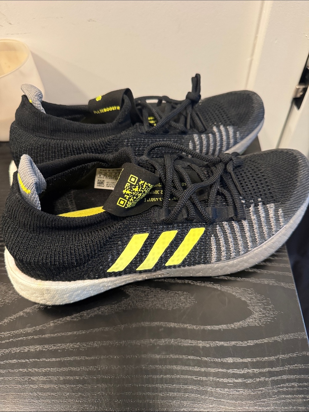 Men’s adidas Black Knit Athletic Shoes with Neon Yellow Stripes